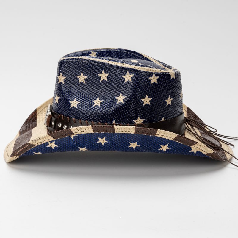 Vintage Star Stripe Print Straw Cowgirl Hat for Women Men Bull Head Belt Wide Brim Western Caps for 4th of July Panama Jazz Hat - Image 6