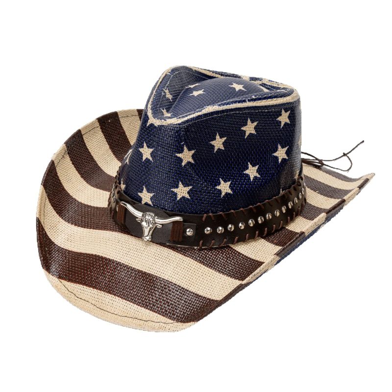 Vintage Star Stripe Print Straw Cowgirl Hat for Women Men Bull Head Belt Wide Brim Western Caps for 4th of July Panama Jazz Hat - Image 7