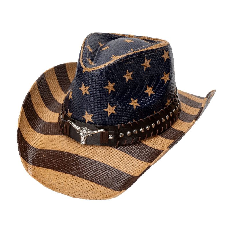 Vintage Star Stripe Print Straw Cowgirl Hat for Women Men Bull Head Belt Wide Brim Western Caps for 4th of July Panama Jazz Hat - Image 8