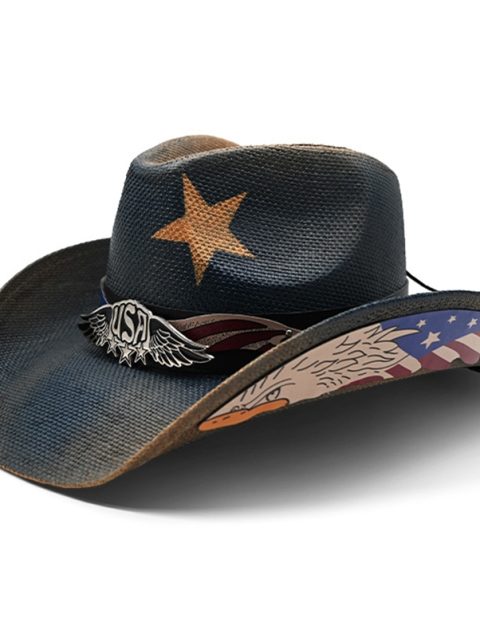 Retro USA Printing Leather Band Women Men Hard Straw Riding Wide Brim Outdoor Beach Cowboy Cowgirl Western Sun Hat Sunscreen