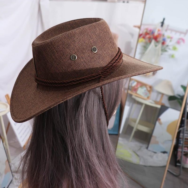 Elegant Linen Western Cowboy Hat Beach Cap Climbing Hat Summer Sun Hat Outdoor Visor Cap Cycling Cap Beach Sunscreen Cap Summer - Image 3