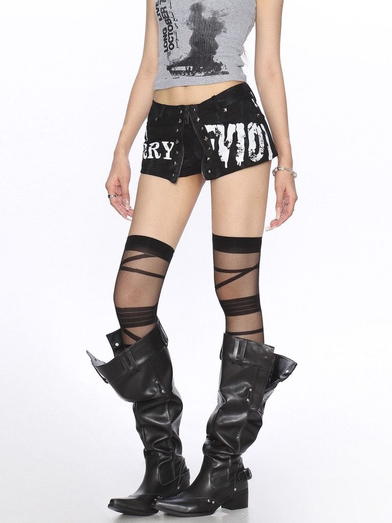 New Gothic Y2k Shorts Women Harajuku Retro Fashion Graffiti Fake Two Piece Denim Shorts Sexy Hot Girl Low Waist Jeans Shorts - Image 5