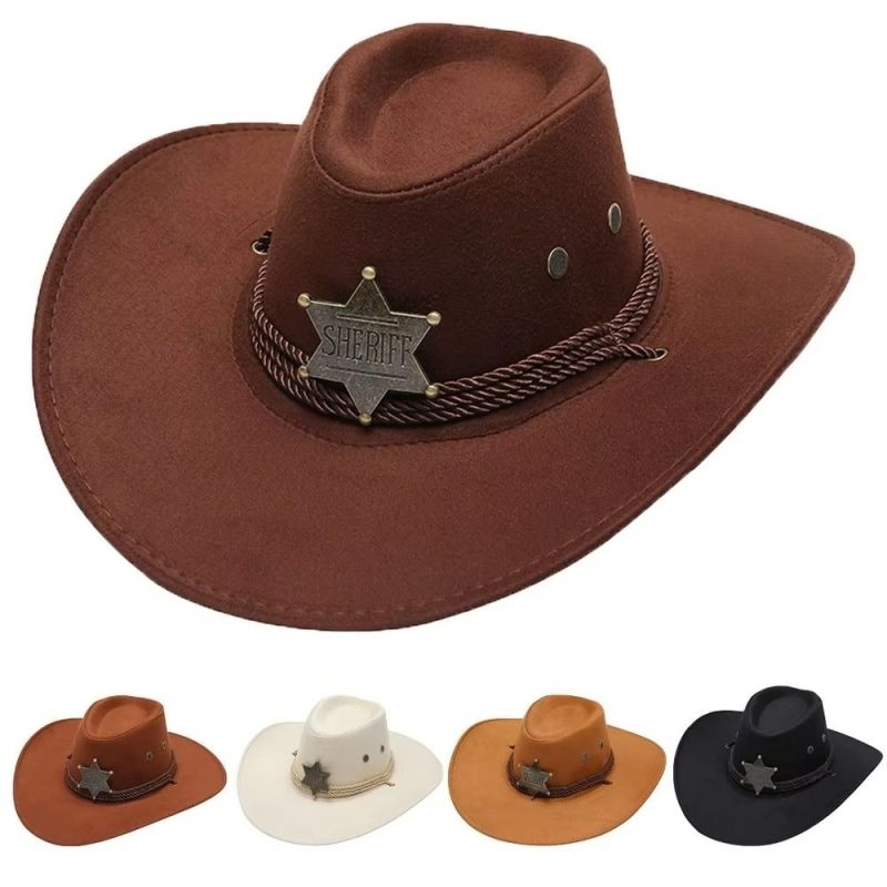 Unisex Artificial Suede Beach Cowboy Hat Wide Brim Sun Protection Party Cosplay Hat Solid Color Breathable Jazz Hat