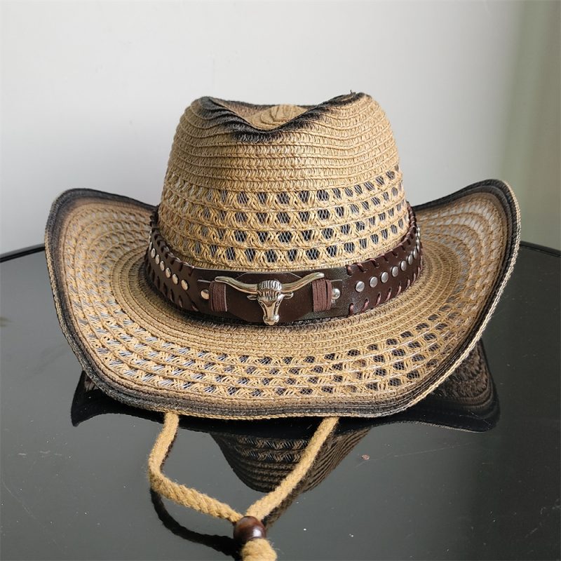 Holllow Cowboy Straw Hat Women Men Summer Handmade Vintage Hollow Western brim Sun Protection Fisherman Mountaineering Bohemian - Image 3