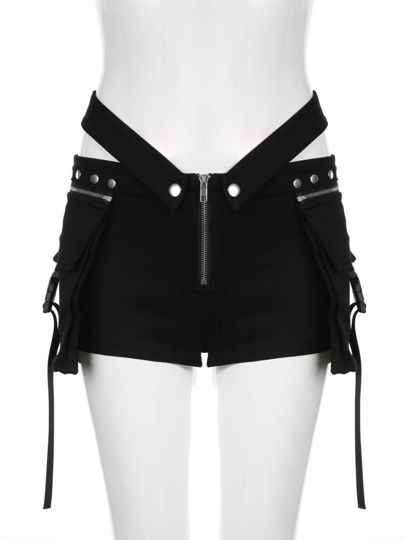 IAMSURE Safari Style Big Pockets Shorts Dark Casual Slim Solid Low-Waisted Shorts Women 2024 Summer Fashion Streetwear Ladies - Image 4