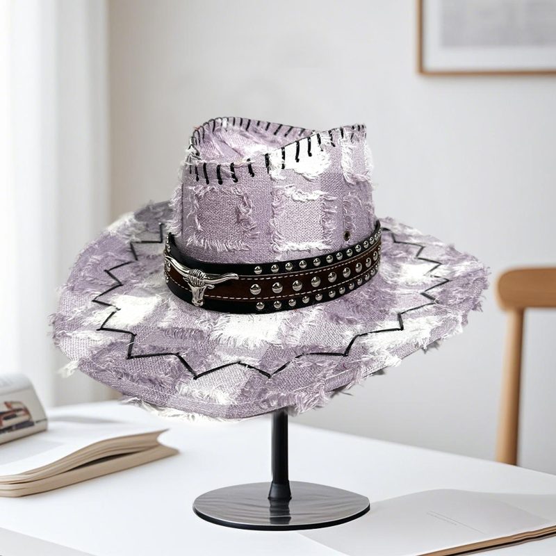Lamuusaa Western Style Wide Brimmed Hat with Decorative Band Sun Protection Cowgirl Cap for Men Women Outdoor Wear - Image 4