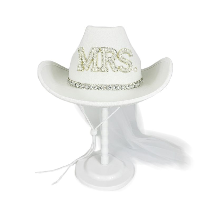 Mr & Mrs Rhinestone Letter Cowgirl Hats for Women Men Classic Western Felt Cowboy Caps Engagement Wedding Bridal Shower Present - Image 2