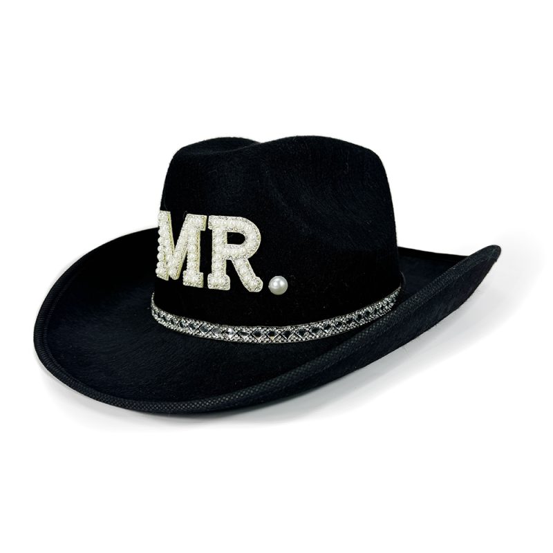 Mr & Mrs Rhinestone Letter Cowgirl Hats for Women Men Classic Western Felt Cowboy Caps Engagement Wedding Bridal Shower Present - Image 3