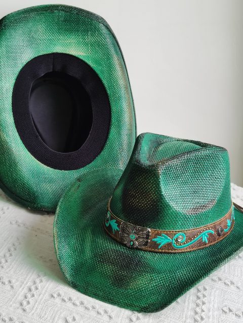 Hand-painted Western Cowboy hat Bronze green hat for men women Large Brim stiff straw hat summer sombrero vaquero hombreковбойс