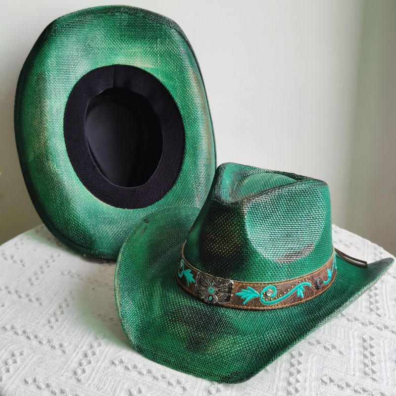 Hand-painted Western Cowboy hat Bronze green hat for men women Large Brim stiff straw hat summer sombrero vaquero hombreковбойс