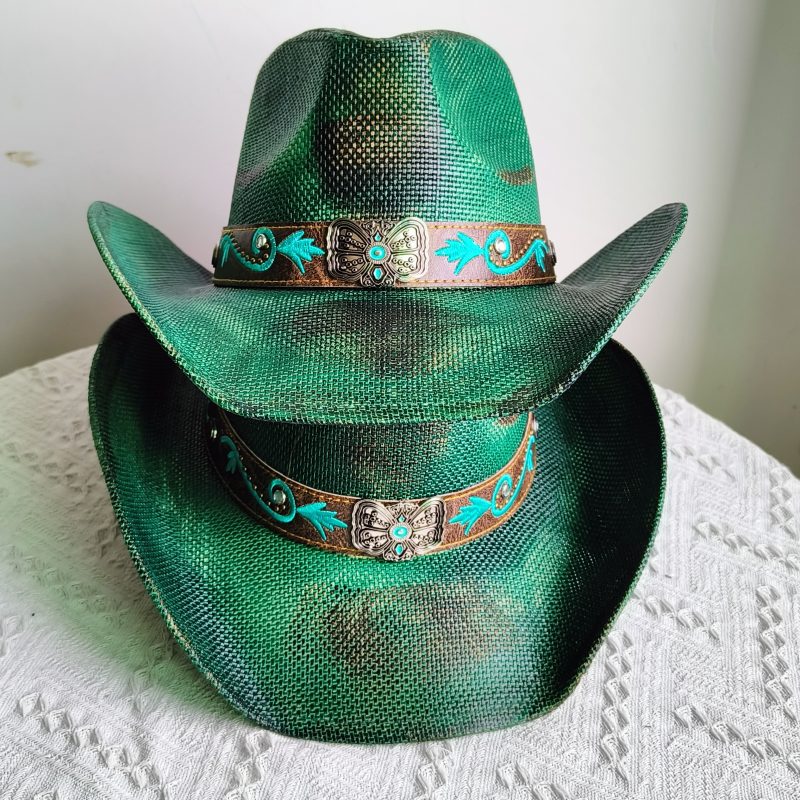 Hand-painted Western Cowboy hat Bronze green hat for men women Large Brim stiff straw hat summer sombrero vaquero hombreковбойс - Image 2