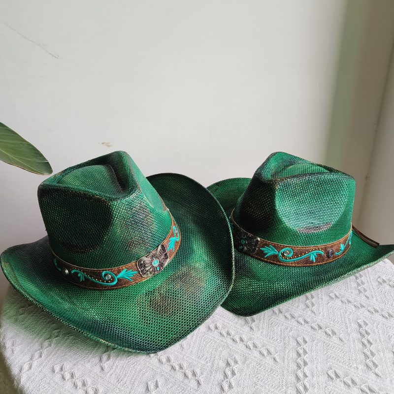 Hand-painted Western Cowboy hat Bronze green hat for men women Large Brim stiff straw hat summer sombrero vaquero hombreковбойс - Image 3
