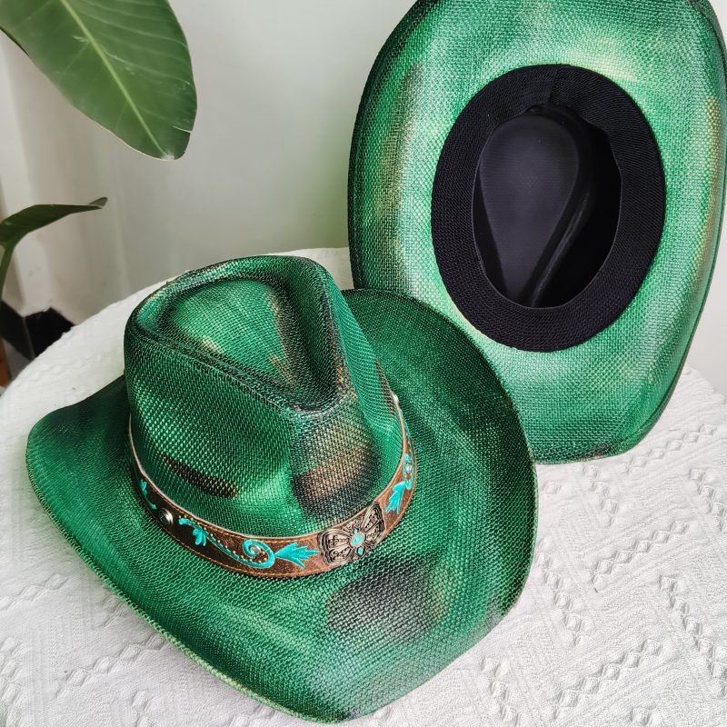 Hand-painted Western Cowboy hat Bronze green hat for men women Large Brim stiff straw hat summer sombrero vaquero hombreковбойс - Image 5