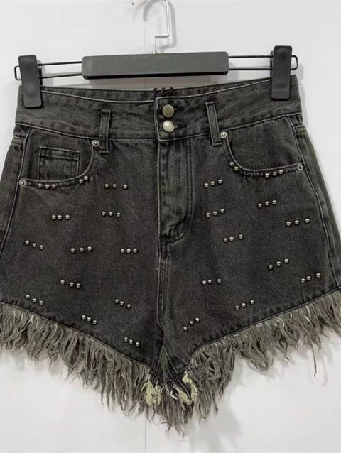 Y2K New Fashion Black Shorts Harajuku Hip Hop Punk Rivet Jean Skirt Mid Rise Loose Denim Shorts Gothic Womens Summer Clothing