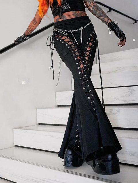 Gothic Bandage Cut Out Pants Black Clothes for Women Cyber Punk Lace Up High Waist Flare Pants Dark Academia