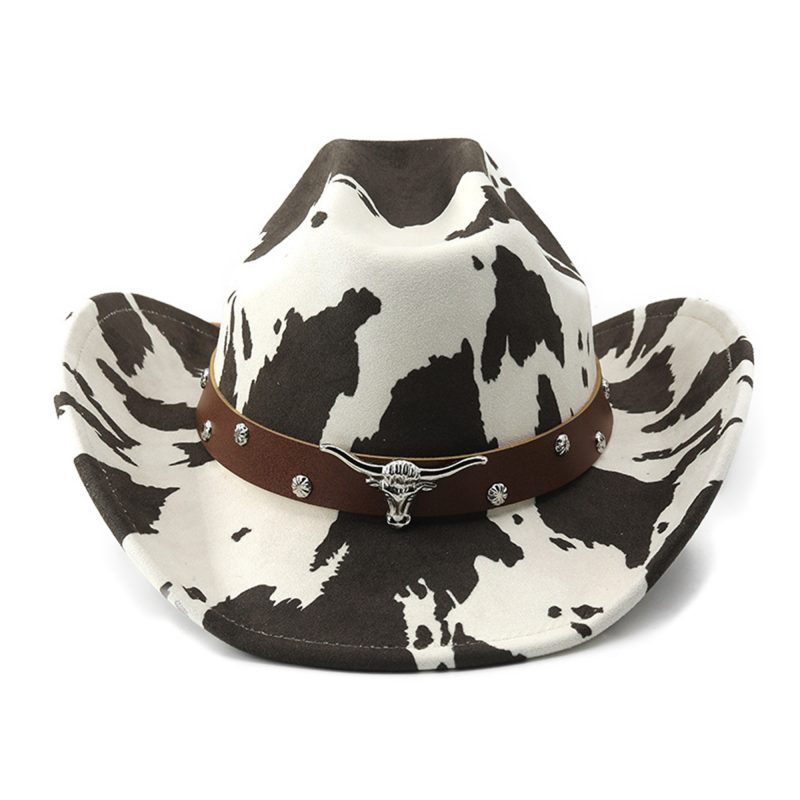 Vintage Leather Cowboy Hat for Women and Men with Cow Print Design Wide Brim Western Cap featuring Windproof Rope and Leather - Image 2