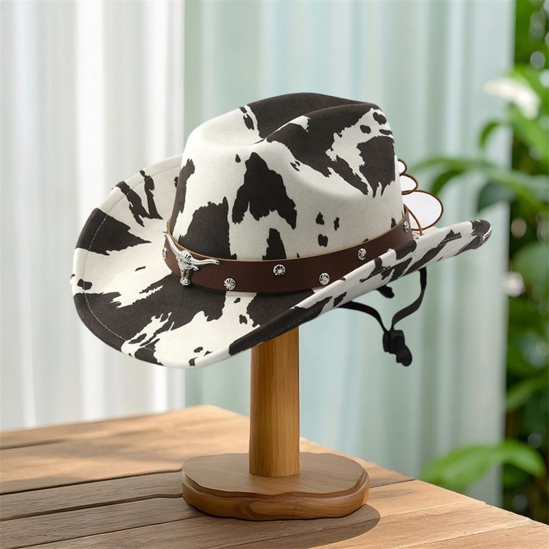 Vintage Leather Cowboy Hat for Women and Men with Cow Print Design Wide Brim Western Cap featuring Windproof Rope and Leather - Image 3