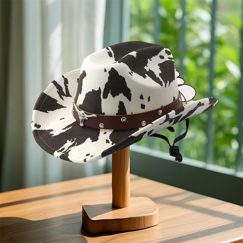 Vintage Leather Cowboy Hat for Women and Men with Cow Print Design Wide Brim Western Cap featuring Windproof Rope and Leather - Image 4