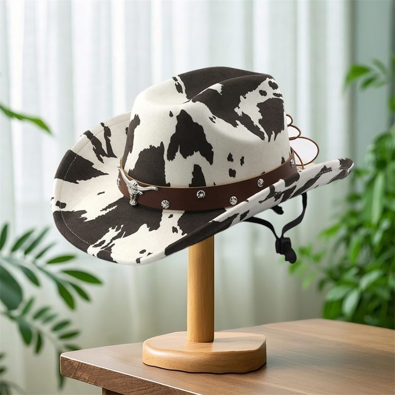 Vintage Leather Cowboy Hat for Women and Men with Cow Print Design Wide Brim Western Cap featuring Windproof Rope and Leather - Image 5