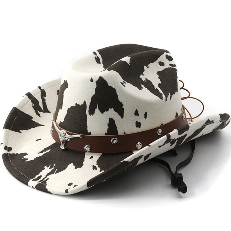 Vintage Leather Cowboy Hat for Women and Men with Cow Print Design Wide Brim Western Cap featuring Windproof Rope and Leather - Image 6