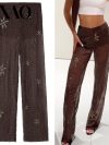 HXAO Women's Pants Spring Summer 2025 Beading Brown Trousers Sequins Translucent High Waist Pants Ladies Streetwear Casual Pants