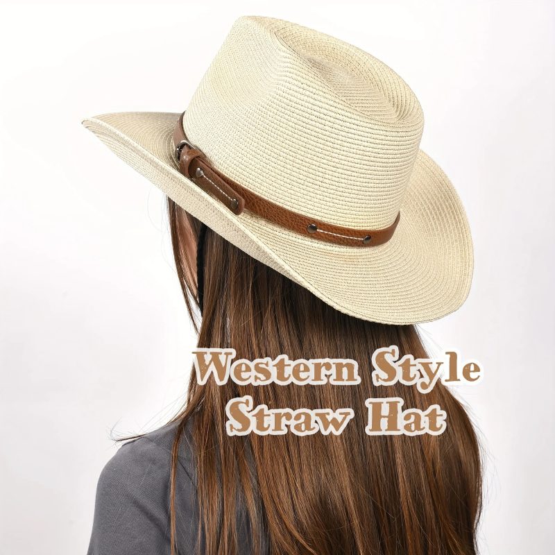 Foldable Unisex Wide Brim Straw Cowboy Hat, Sun Protection Western Cowgirl/Cowboy Hat, Summer Beach Sun Hat With Wind Lanyard - Image 2