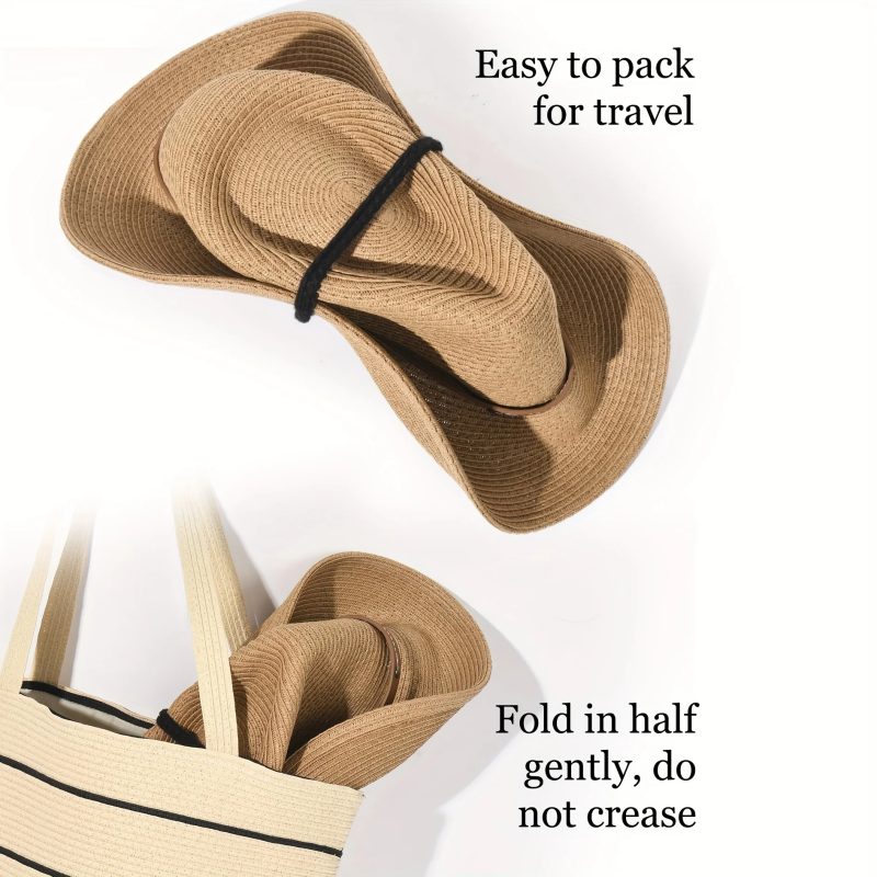 Foldable Unisex Wide Brim Straw Cowboy Hat, Sun Protection Western Cowgirl/Cowboy Hat, Summer Beach Sun Hat With Wind Lanyard - Image 3