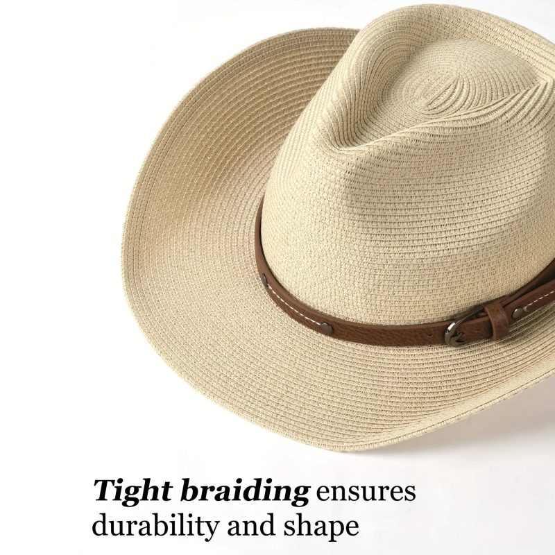 Foldable Unisex Wide Brim Straw Cowboy Hat, Sun Protection Western Cowgirl/Cowboy Hat, Summer Beach Sun Hat With Wind Lanyard - Image 4