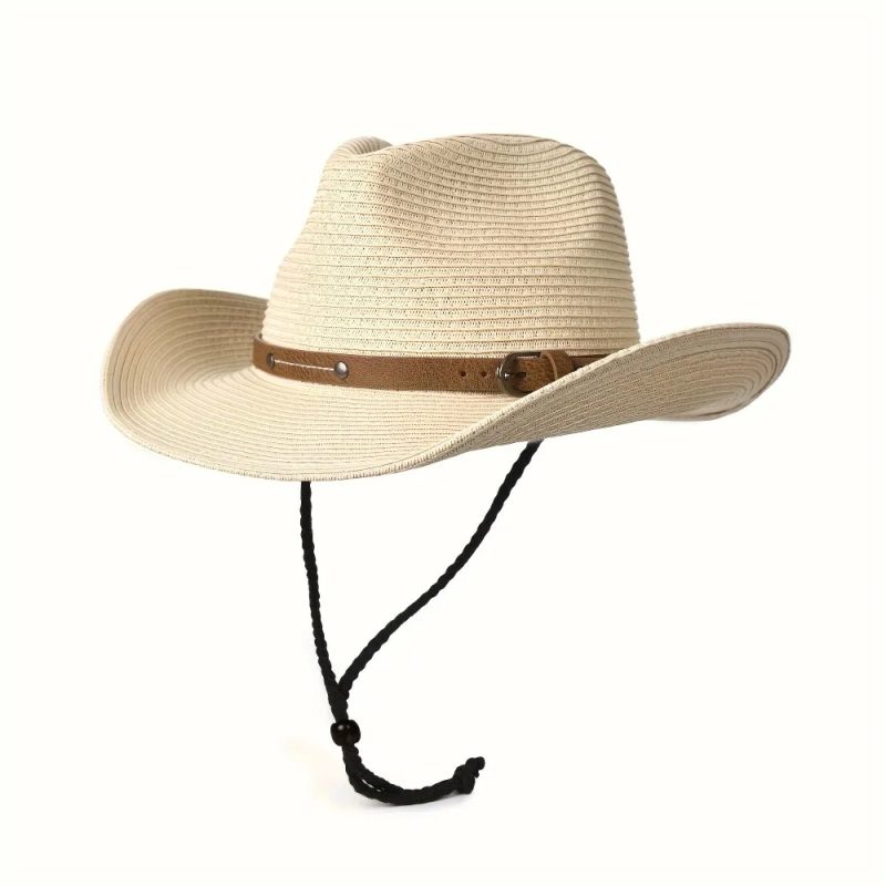 Foldable Unisex Wide Brim Straw Cowboy Hat, Sun Protection Western Cowgirl/Cowboy Hat, Summer Beach Sun Hat With Wind Lanyard - Image 5