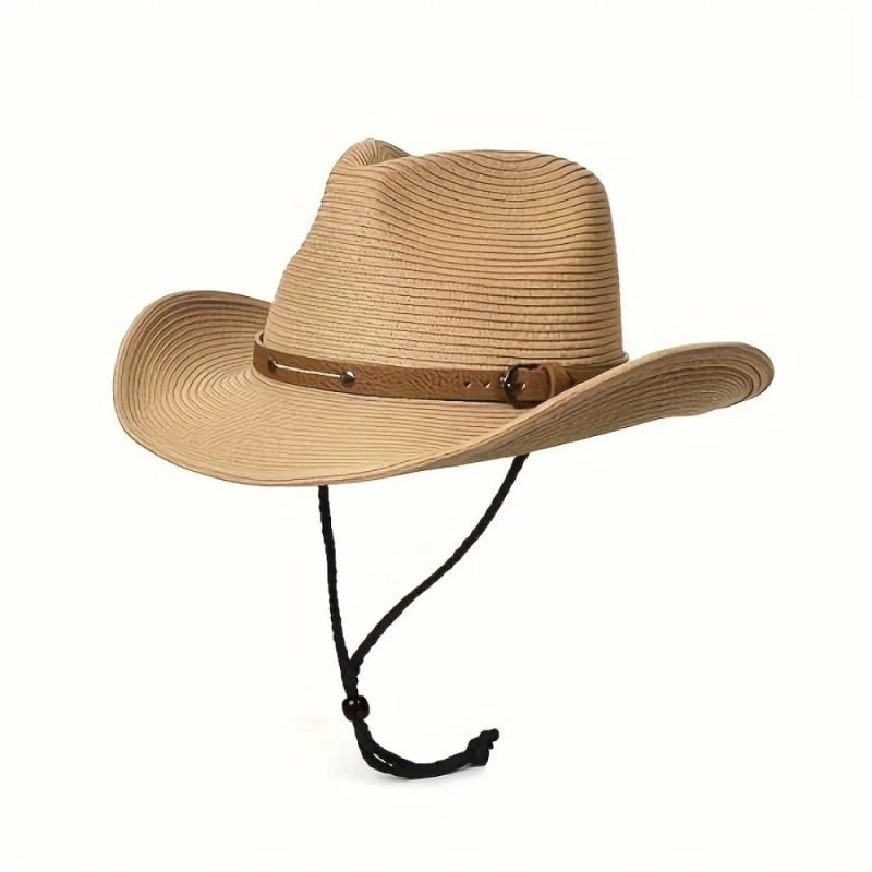 Foldable Unisex Wide Brim Straw Cowboy Hat, Sun Protection Western Cowgirl/Cowboy Hat, Summer Beach Sun Hat With Wind Lanyard - Image 6