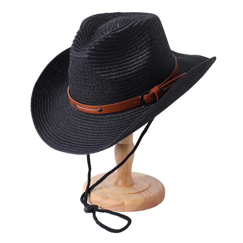 Foldable Unisex Wide Brim Straw Cowboy Hat, Sun Protection Western Cowgirl/Cowboy Hat, Summer Beach Sun Hat With Wind Lanyard - Image 8