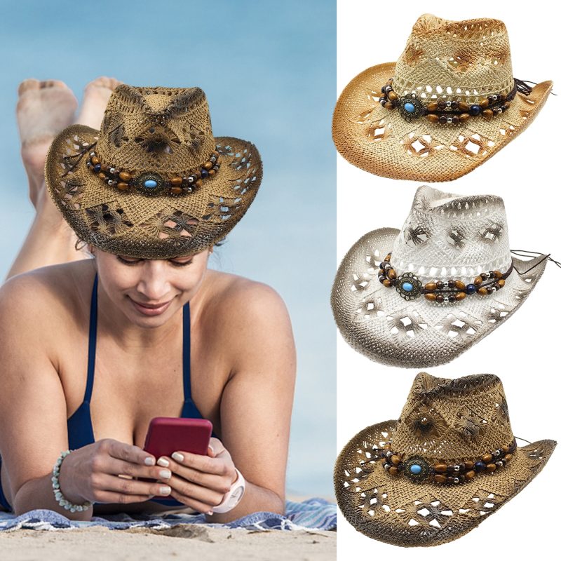Straw Cowgirl Hat Unisex Beach Hat Cow Boy Hat With Hat Band For Men Women Breathable Lightweight Sun Protection - Image 2