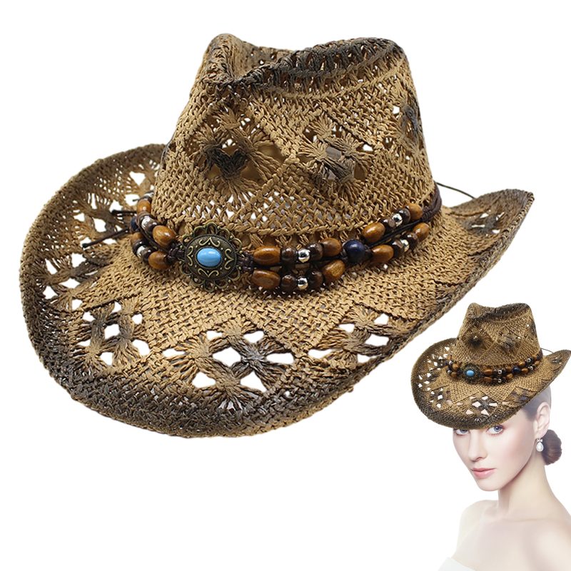 Straw Cowgirl Hat Unisex Beach Hat Cow Boy Hat With Hat Band For Men Women Breathable Lightweight Sun Protection - Image 3