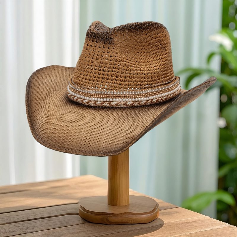Stylish Men Women Wide Brim Straw Sun Hat Breathable Western Style Cowgirl Hat with Wide Belt for Beach Cap Fashion - Image 3