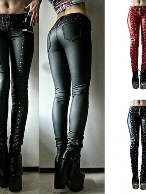 Pants Trousers Skinny Faux Leather Button Women Steampunk Cosplay Carnival Party Trousers