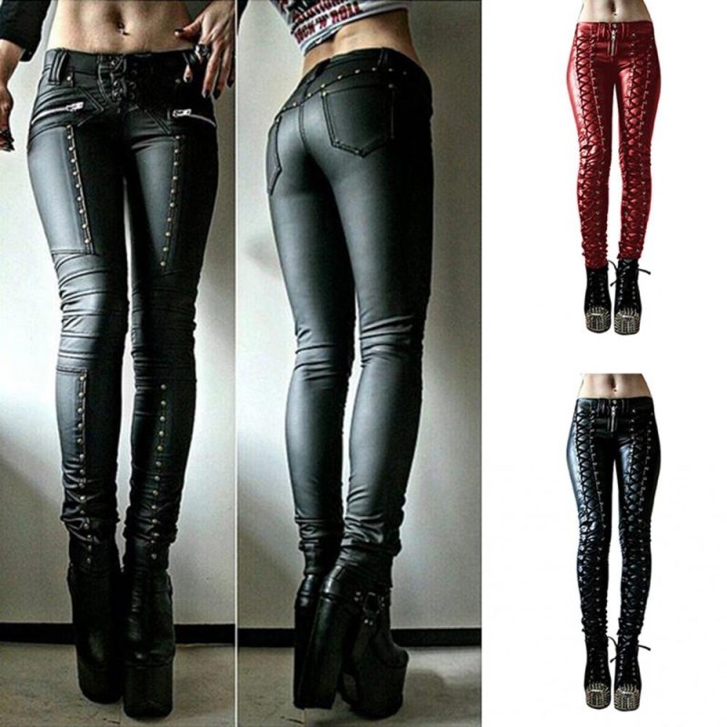 Pants Trousers Skinny Faux Leather Button Women Steampunk Cosplay Carnival Party Trousers