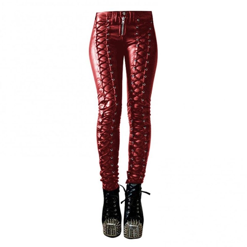 Pants Trousers Skinny Faux Leather Button Women Steampunk Cosplay Carnival Party Trousers - Image 2