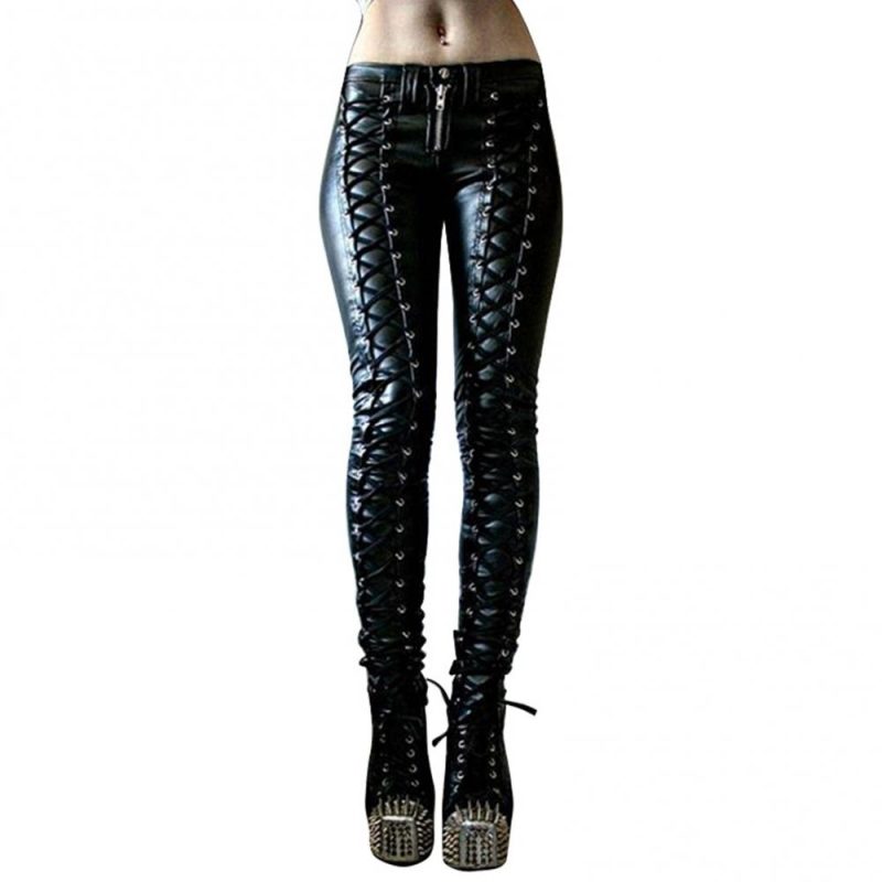 Pants Trousers Skinny Faux Leather Button Women Steampunk Cosplay Carnival Party Trousers - Image 3