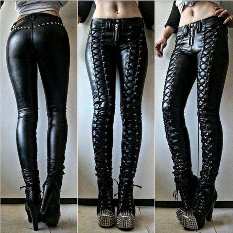 Pants Trousers Skinny Faux Leather Button Women Steampunk Cosplay Carnival Party Trousers - Image 4
