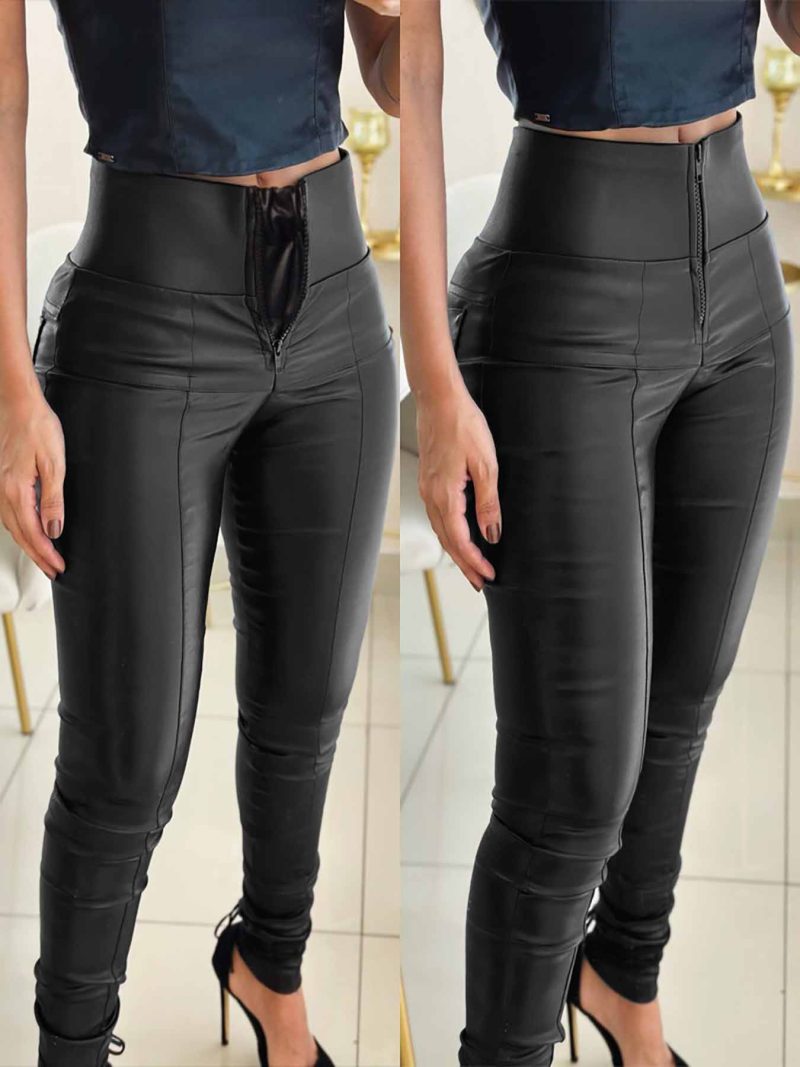 Solid Color High Waist Zipper Leather Pants with Anti-Pinch Abdomen PU Leather Pants Slim Fit Women's Leggings
