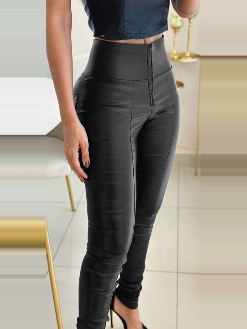 Solid Color High Waist Zipper Leather Pants with Anti-Pinch Abdomen PU Leather Pants Slim Fit Women's Leggings - Image 2