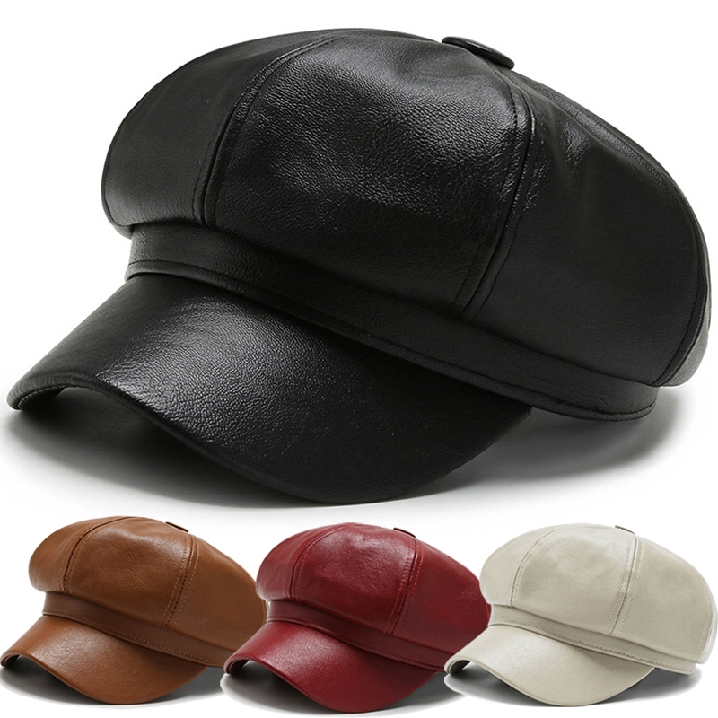 Women Men PU Leather Berets Hat Retro British Solid Beret Baseball Cap Outdoor Sun Hat Winter Warm Octagonal Hats Newsboy Caps - Image 2