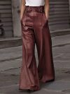 PU Leather Solid Women Long Pant High Waist Wide Leg Lady Trousers 2024 Vintage Autumn Pleated Pockets Belt Female Streetwear