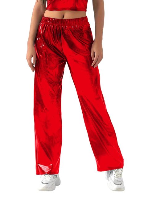Women's Fashion Silver Gold Party Leather Pants Vintage Glitter Party Trousers Solid Colour High Waist Slim Trousers