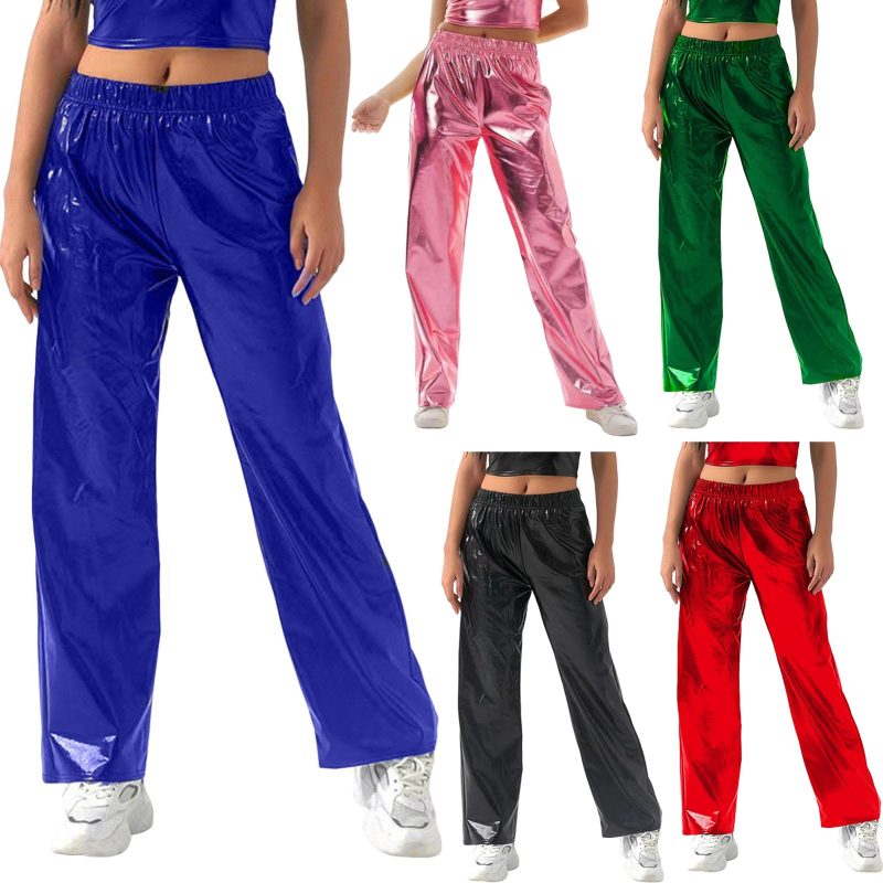 Women's Fashion Silver Gold Party Leather Pants Vintage Glitter Party Trousers Solid Colour High Waist Slim Trousers - Image 4