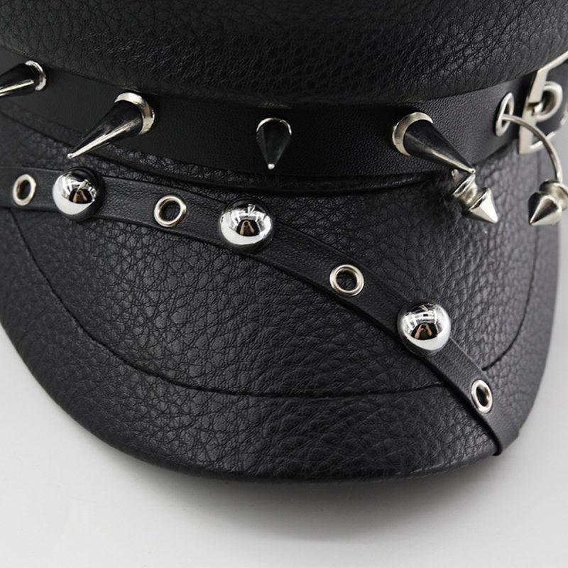 Women's Trendy Beret Black Pu Leather Flat Top Captain Military Caps Women's Accessories - Image 4