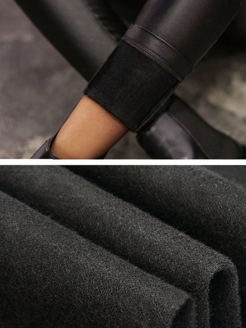 Women Trendy Rave High Waist Stretchy Thermal Lined Slant Pocket PU Leather Skinny Winter Cropped Pants Casual Trousers - Image 3