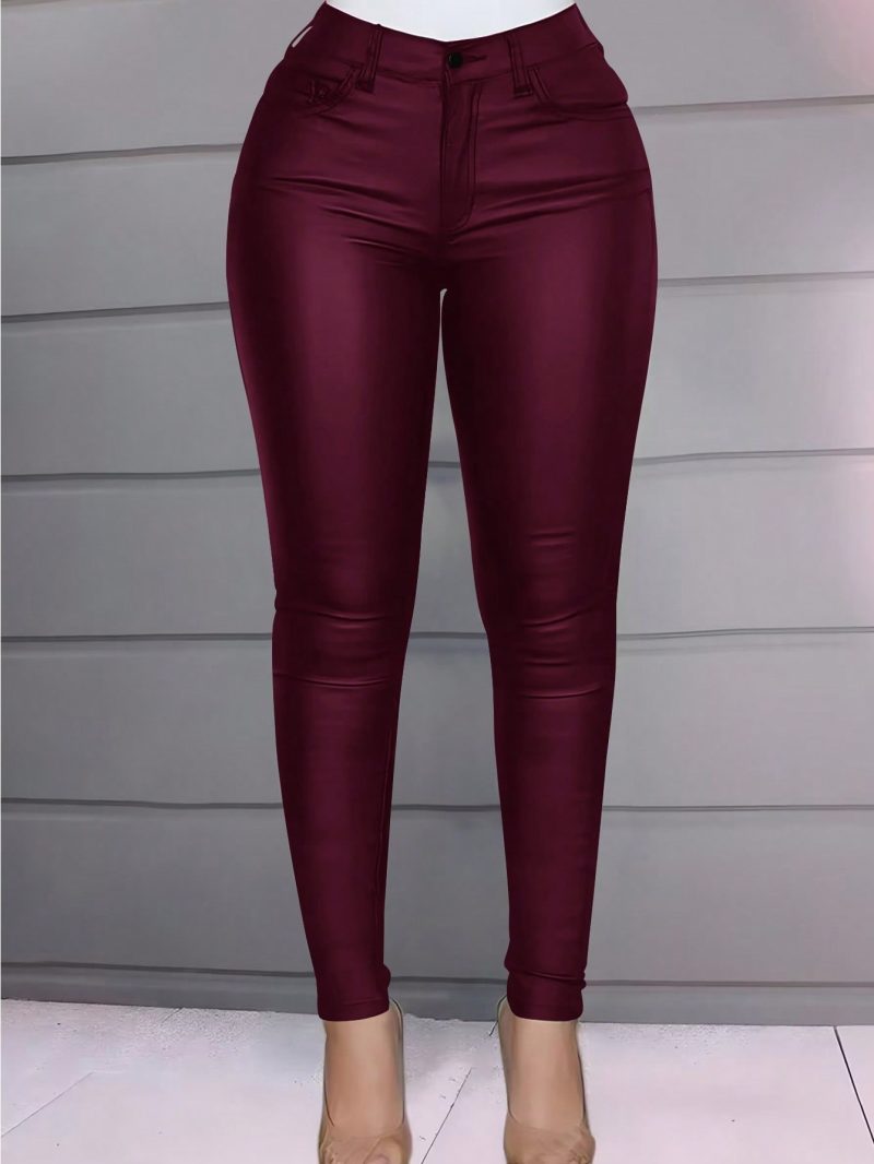 Women Trendy Rave High Waist Stretchy Thermal Lined Slant Pocket PU Leather Skinny Winter Cropped Pants Casual Trousers - Image 5
