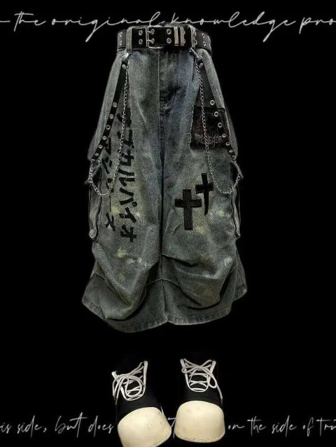 Gothic Punk Women Dark Seven Part Jeans For Men And Women Summer Wasteland Style Wrinkled Patchwork Wide Leg Pants