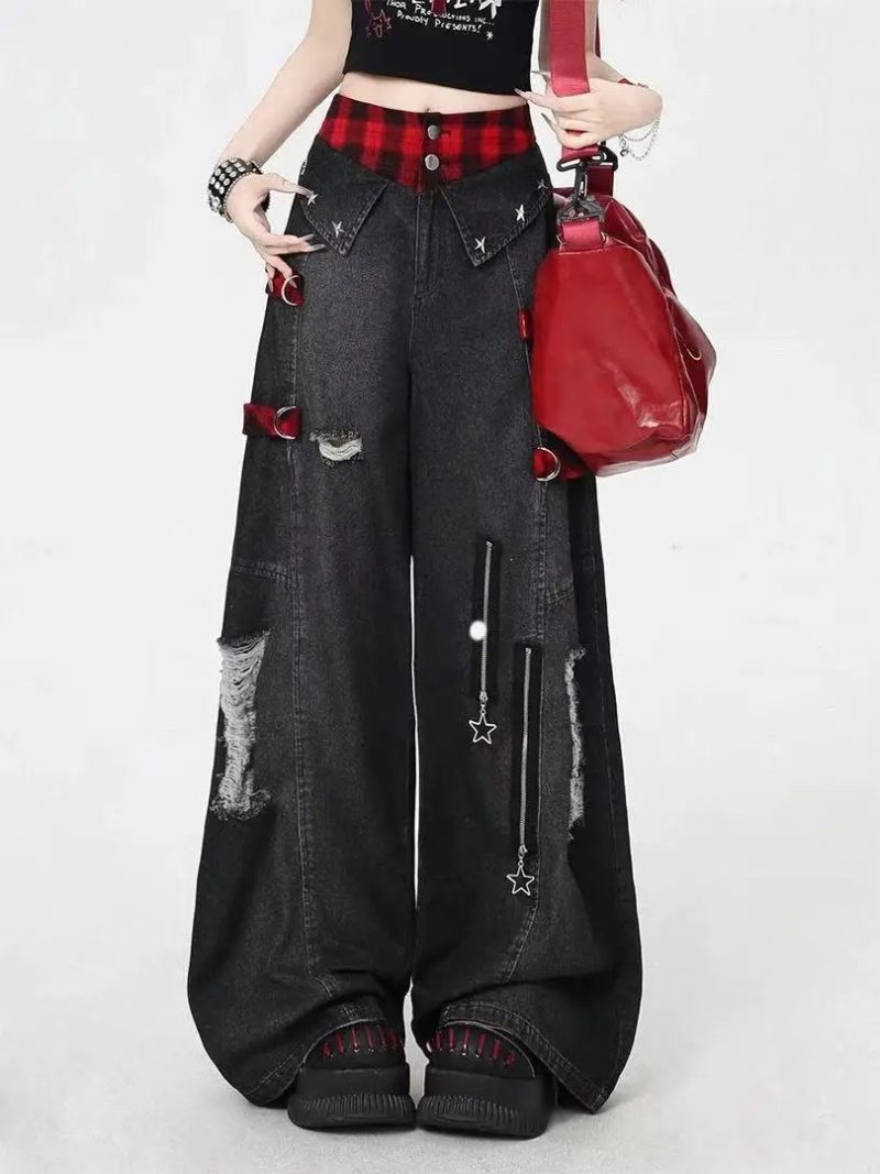 90s Skeleton Handprint Wide Leg Jeans High Street Niche Design Dark Tone Flared Hem Long Pants Streetwear Chic Drop Crotch - Image 11